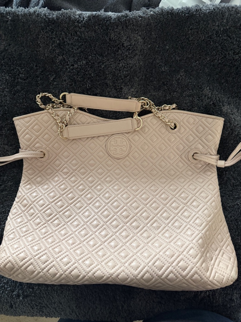 Tory Burch Diamond-Quilted Tote in Light Beige with Gold Hardware